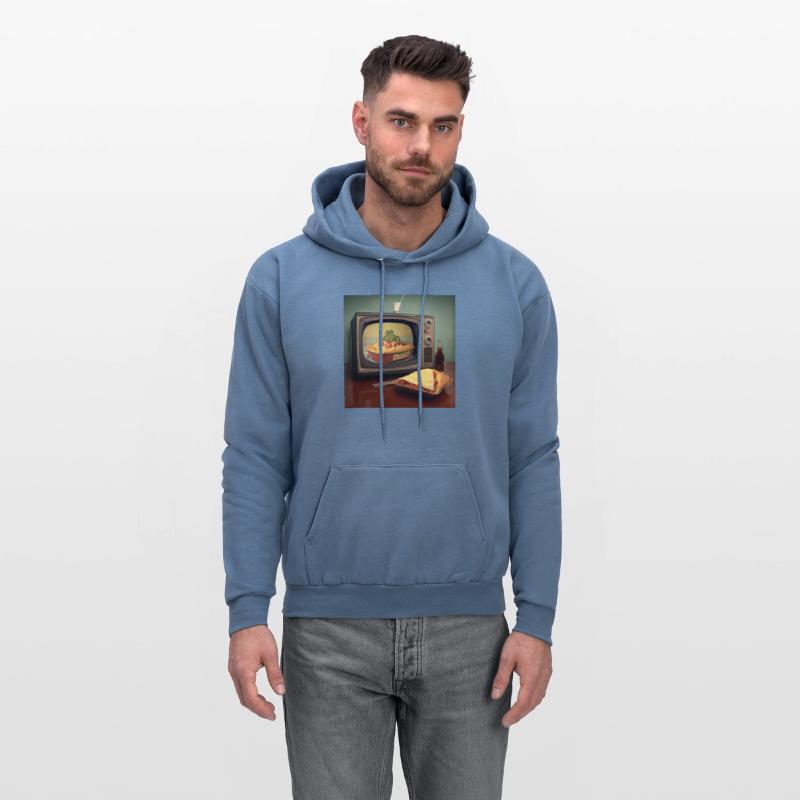 A pizza sitting on top of a pan to a television