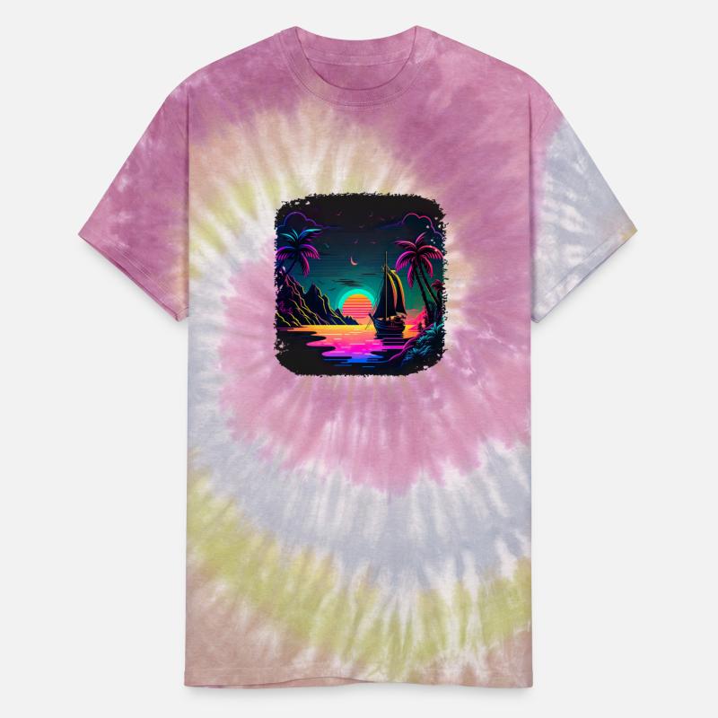 Boot at Sunset by the Sea with Neon Waves and