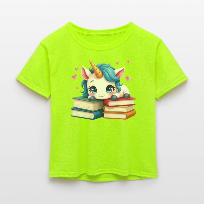 Cute white unicorn with books and pink hearts