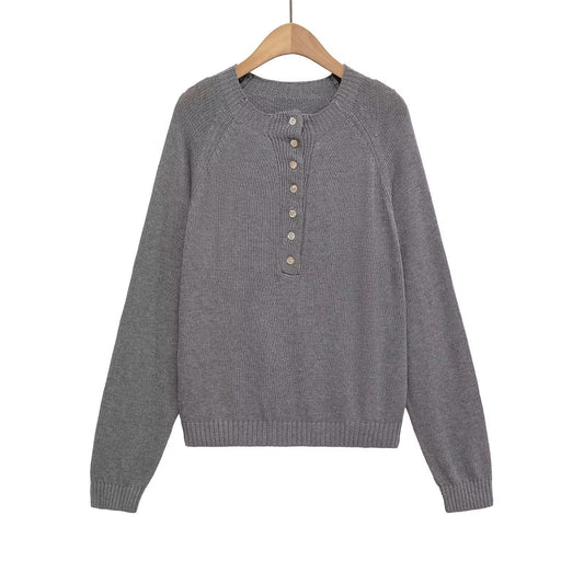 Round neck button decoration pullover knitted sweater top for women