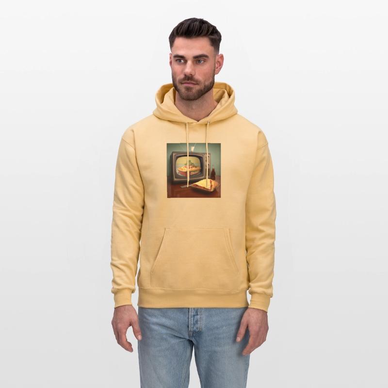 A pizza sitting on top of a pan to a television