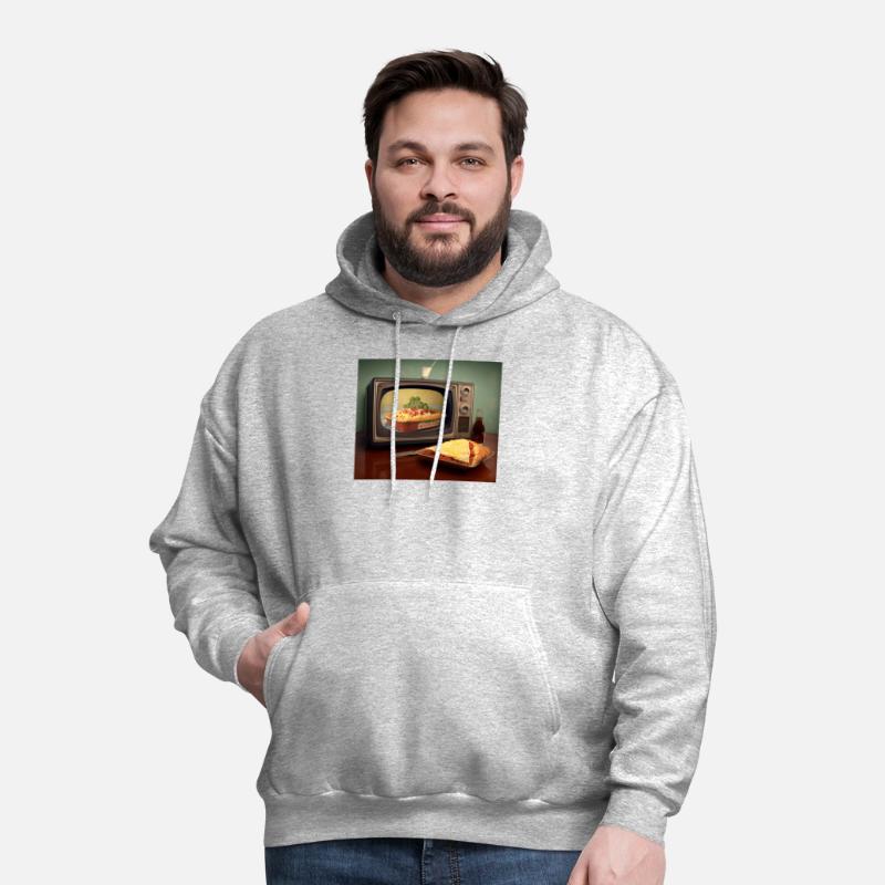 A pizza sitting on top of a pan to a television