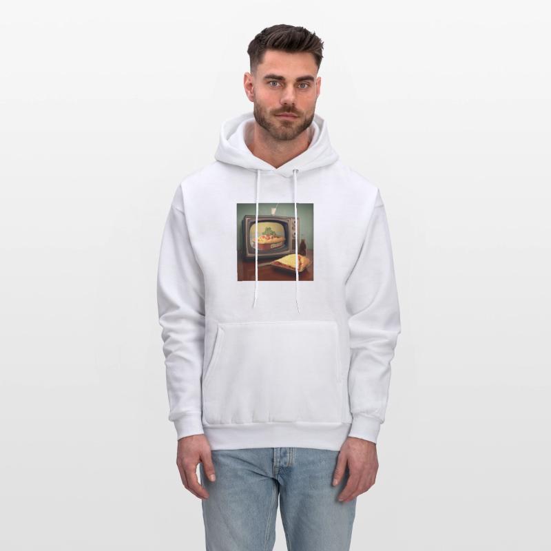 A pizza sitting on top of a pan to a television