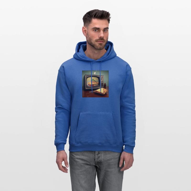 A pizza sitting on top of a pan to a television