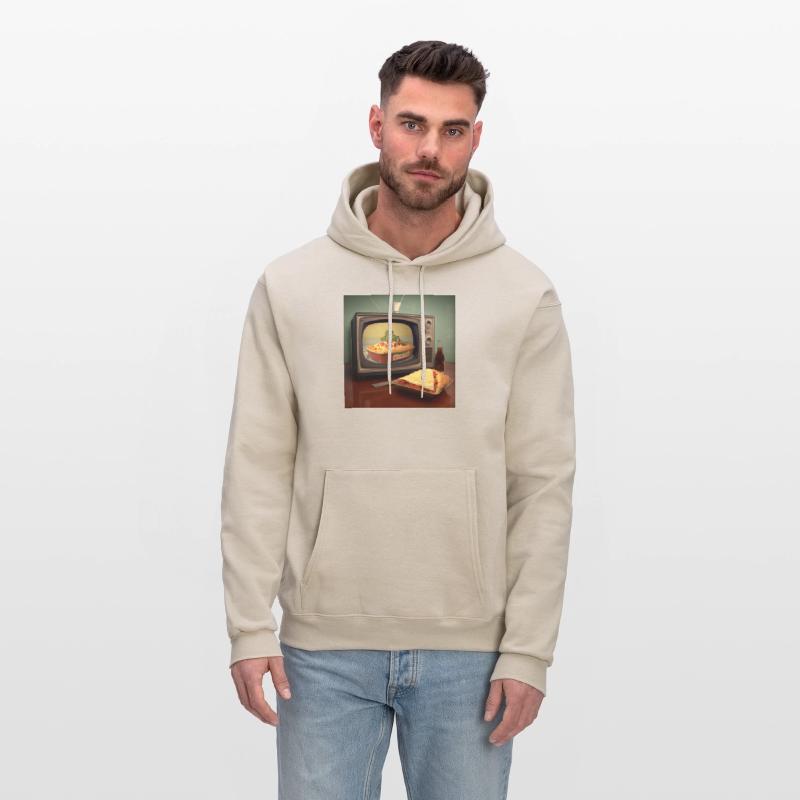 A pizza sitting on top of a pan to a television