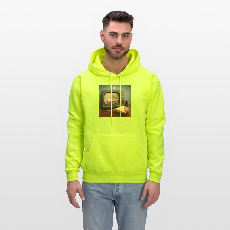 A pizza sitting on top of a pan to a television