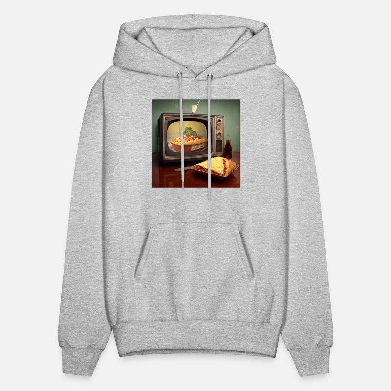 A pizza sitting on top of a pan to a television