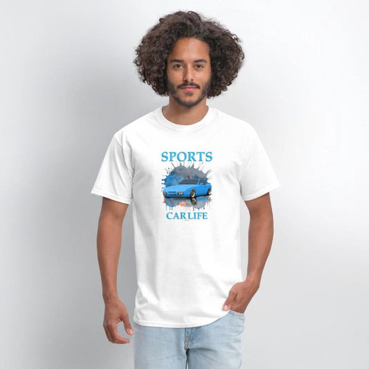 A sports car blue T-shirt