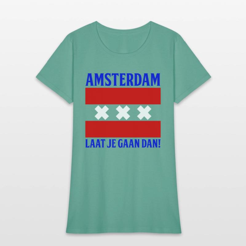Amsterdam laat je gaan dan! Blue text.