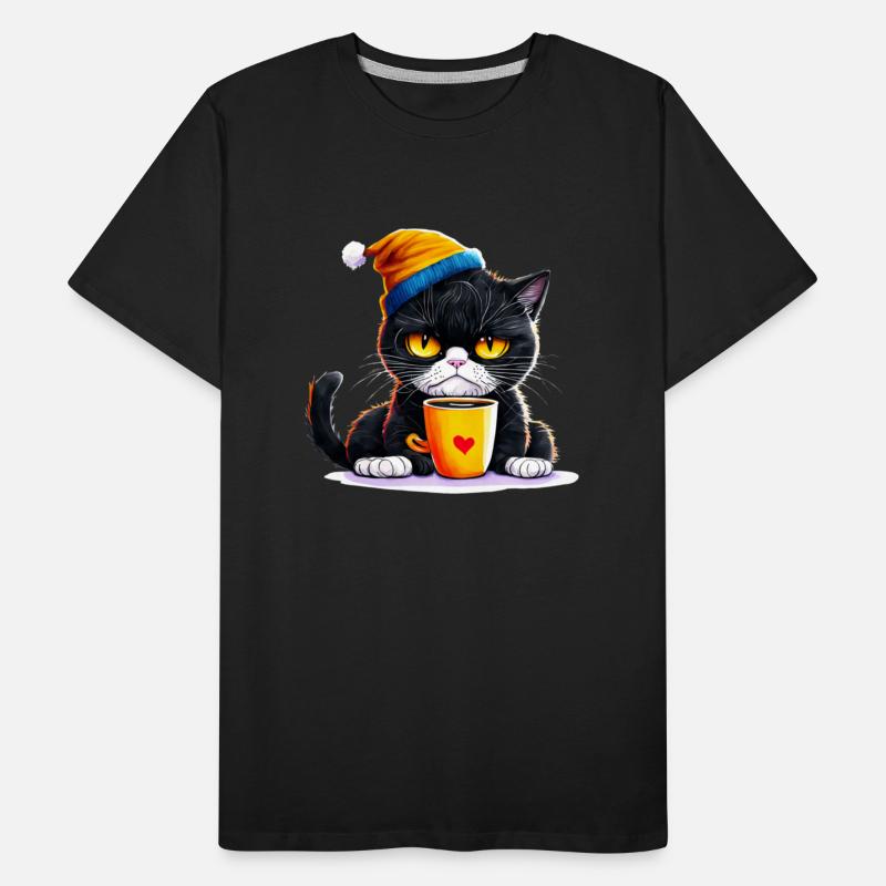 Black Cat with Angry Expression Drinking Coffee