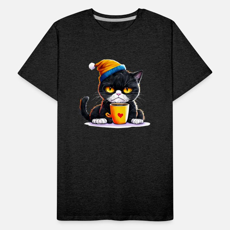 Black Cat with Angry Expression Drinking Coffee