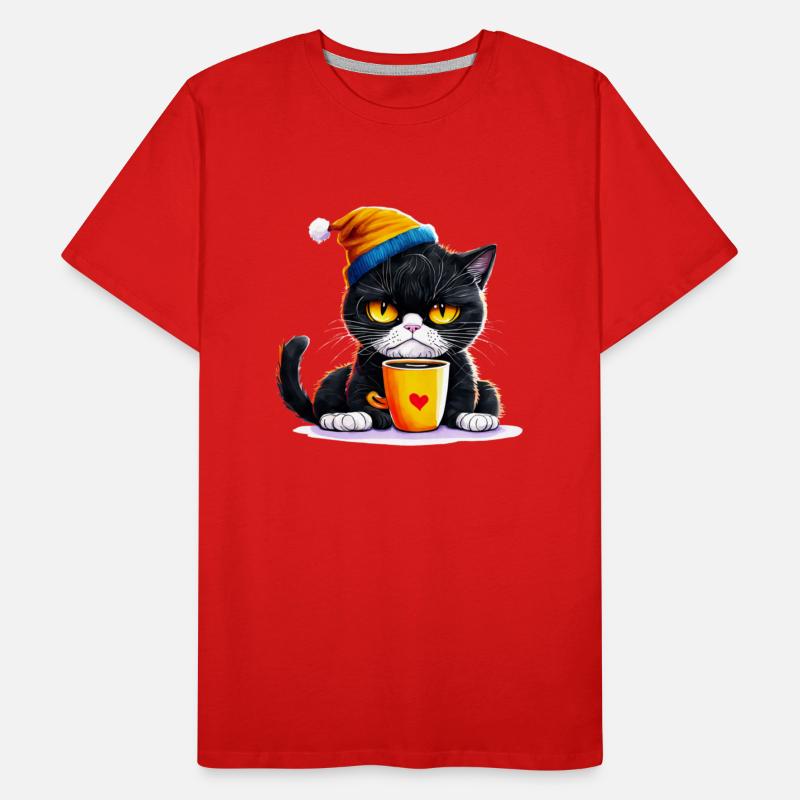 Black Cat with Angry Expression Drinking Coffee