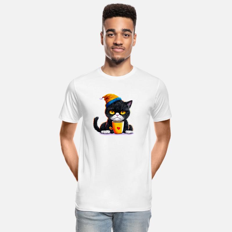 Black Cat with Angry Expression Drinking Coffee