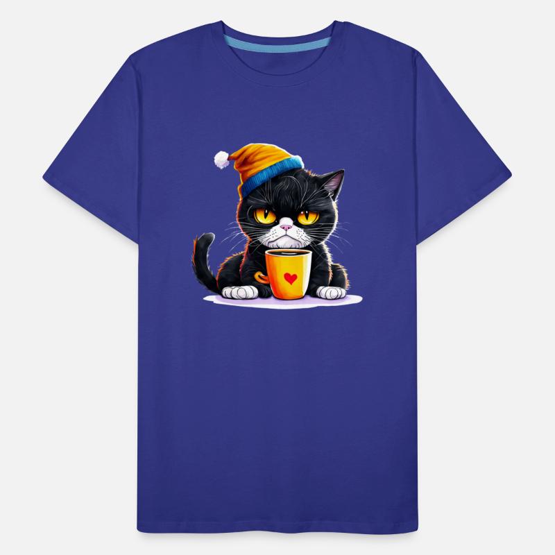 Black Cat with Angry Expression Drinking Coffee