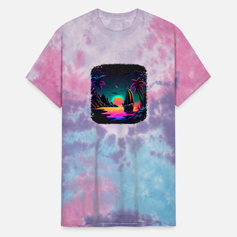 Boot at Sunset by the Sea with Neon Waves and