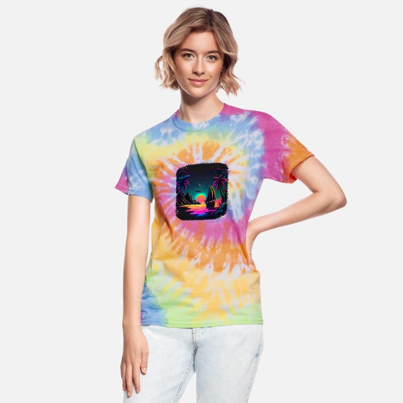 Boot at Sunset by the Sea with Neon Waves and