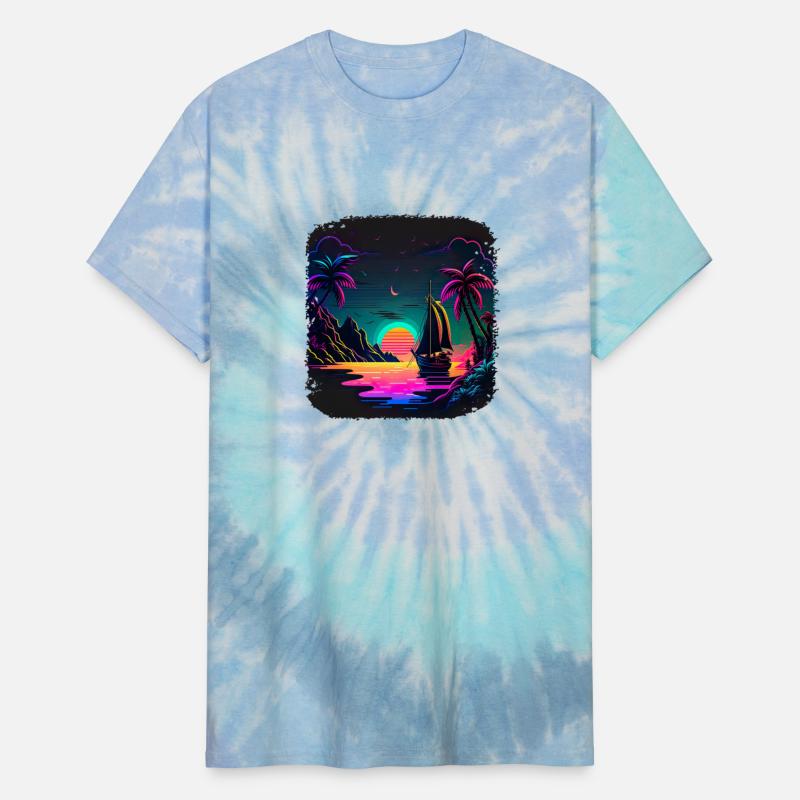 Boot at Sunset by the Sea with Neon Waves and