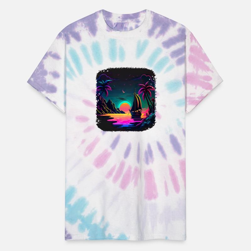 Boot at Sunset by the Sea with Neon Waves and