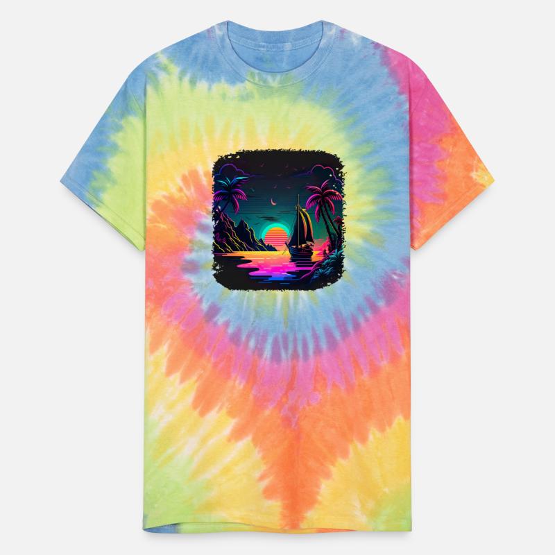 Boot at Sunset by the Sea with Neon Waves and