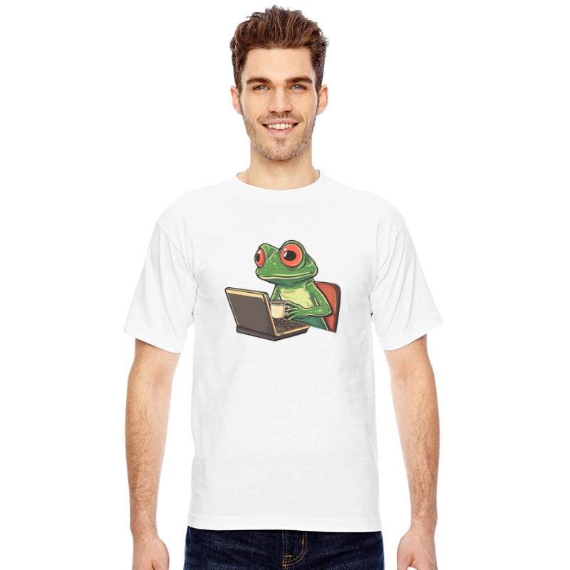 Coffee-drinking frog working on a laptop