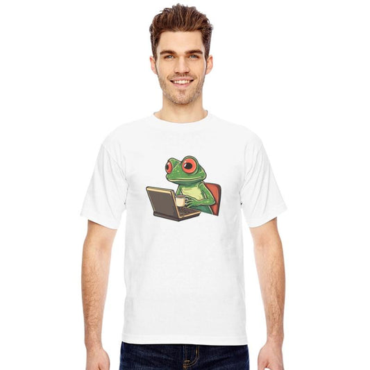 Coffee-drinking frog working on a laptop