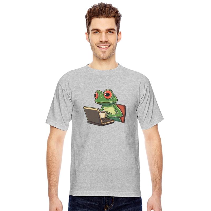 Coffee-drinking frog working on a laptop