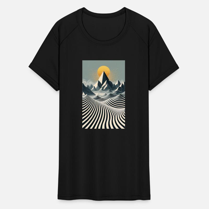 Curved lines graphic with mountains and sun