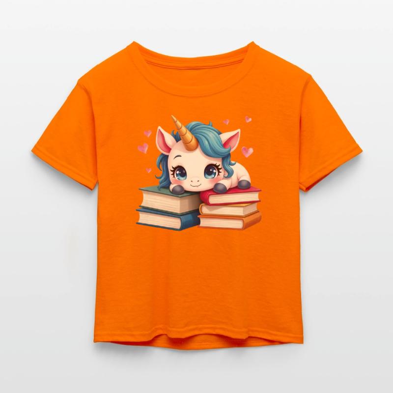 Cute white unicorn with books and pink hearts