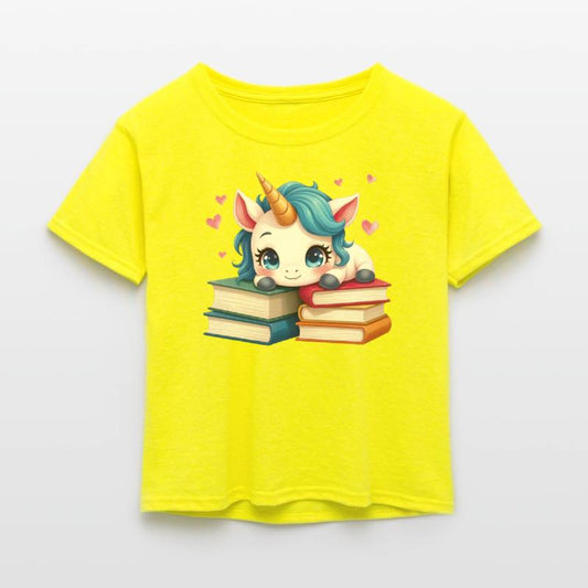 Cute white unicorn with books and pink hearts