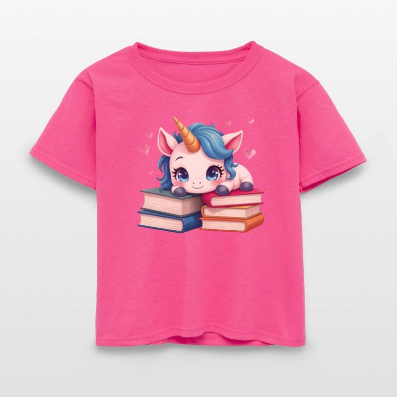 Cute white unicorn with books and pink hearts