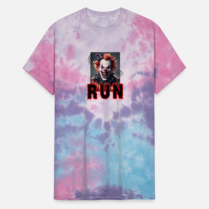Funny and creepy clown, screaming ''Run''