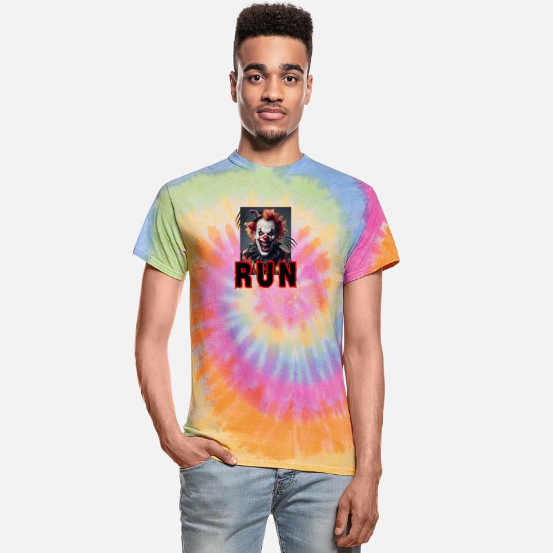 Funny and creepy clown, screaming ''Run''