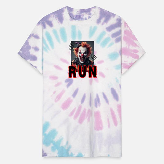 Funny and creepy clown, screaming ''Run''