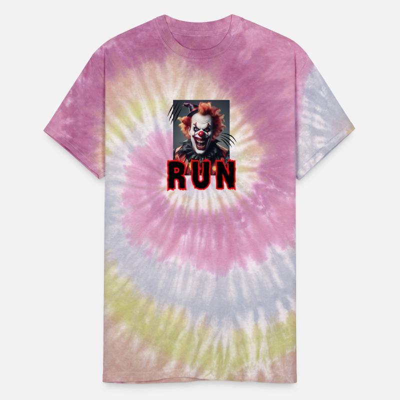 Funny and creepy clown, screaming ''Run''