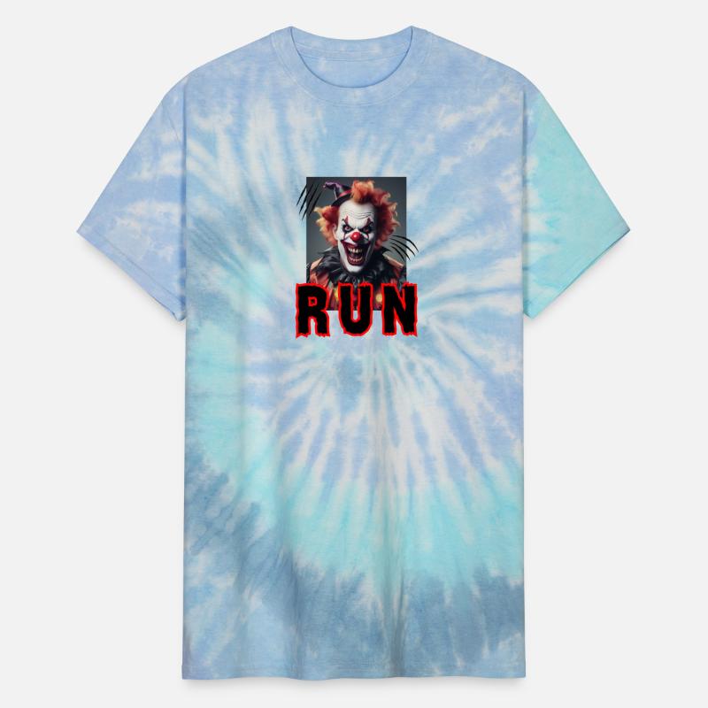 Funny and creepy clown, screaming ''Run''