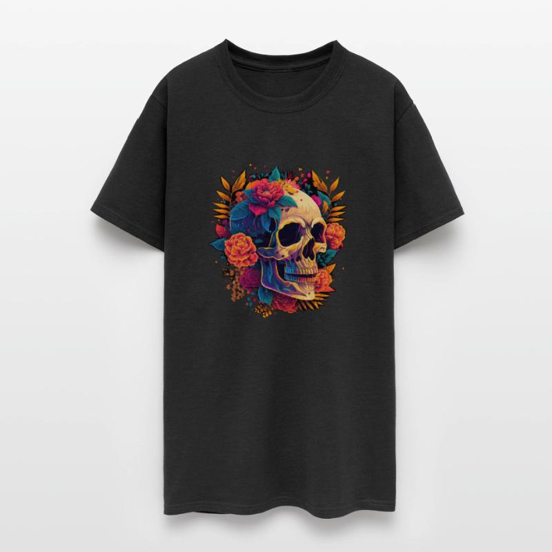 Skull & Florals: Vivid Contrast on Dark Canvas