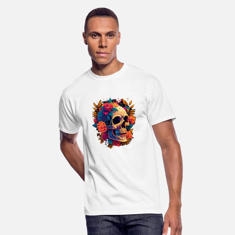 Skull & Florals: Vivid Contrast on Dark Canvas